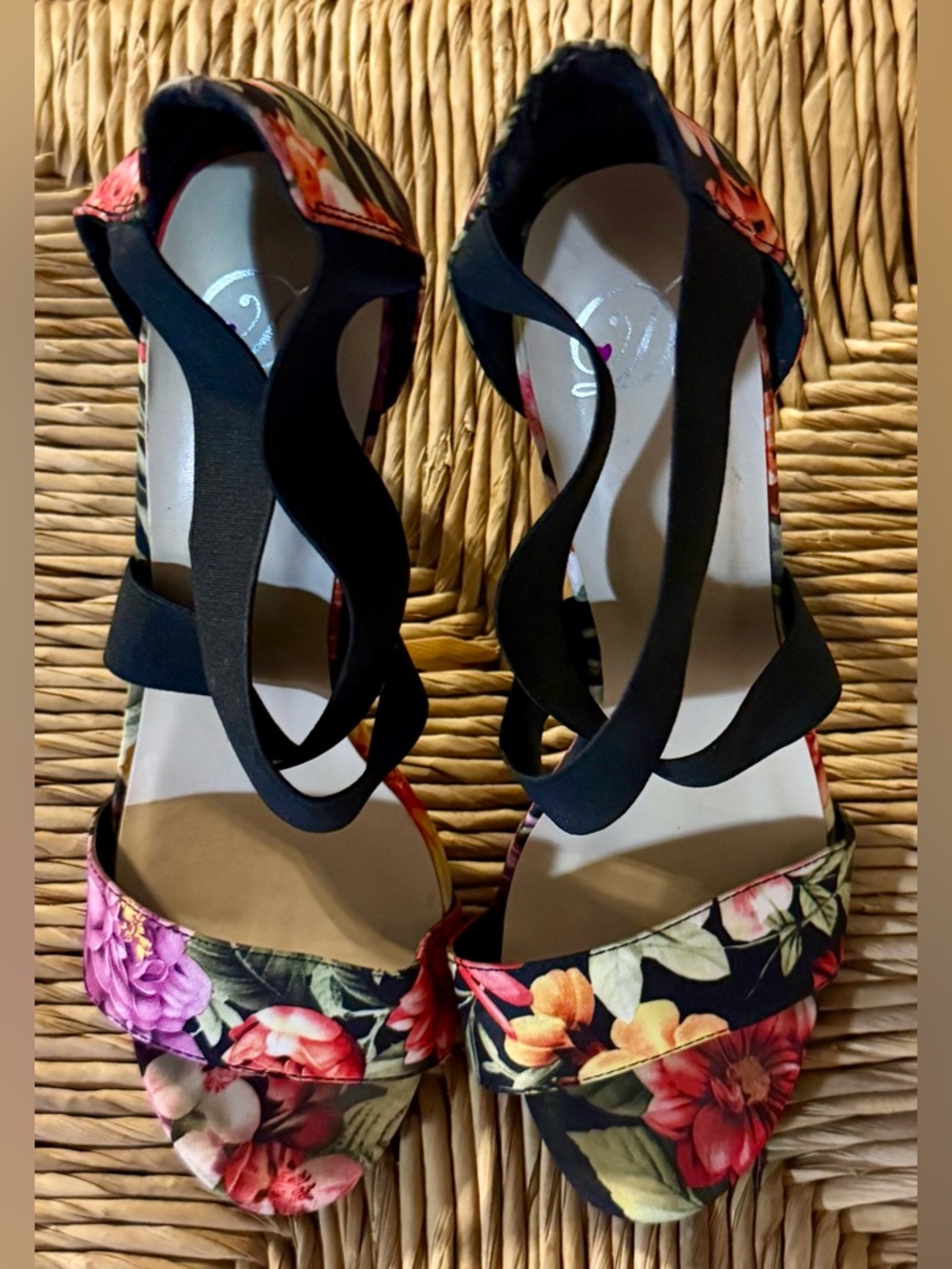 Pre-Loved Floral Peep-Toe Heels with Black Elastic Straps